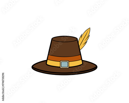 Pilgrim hat with feather, isolated on white background, vector illustration