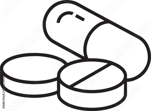 Two round pills and one capsule icon on white background medicine drugs