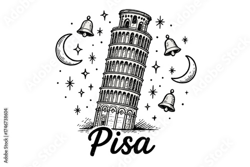 Pisa Tower Fantasia. Hand-drawn leaning tower pisa with moons, sparkles, and bells, center word “Pisa” in black and white isolated