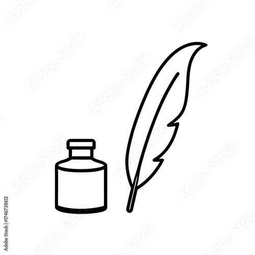 Inkwell and feather line drawing art on transparent background silhouette