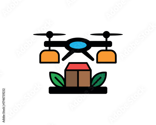 Drone Delivery System with Box and Leaves Vector Graphic