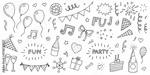 Collection of hand drawn doodle elements for parties and celebrations including balloons confetti gifts and cake
