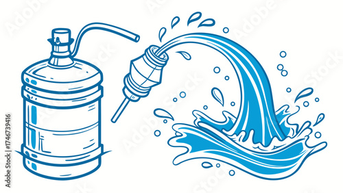 Illustration of a water cooler bottle with a pump dispensing water into a splash design element