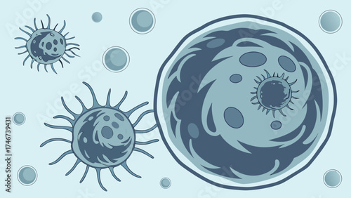 Illustration of cells with spiky projections and circular shapes in a light blue background color