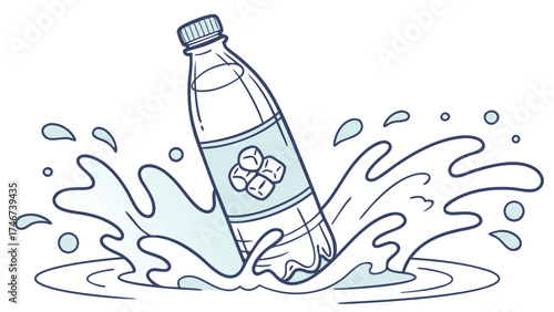 A bottle of water with ice cubes on the label is splashing into a pool of water creating a splash effect