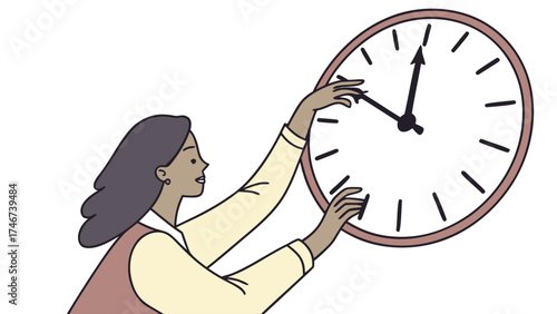 Illustration of a woman adjusting the hands of a large analog clock on a white background with detail
