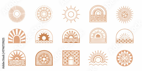 Collection of boho sun and arch designs with ocean waves and geometric patterns