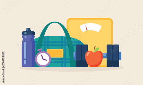 Healthy lifestyle concept illustration with gym equipment, nutrition, and weight loss tools for wellness. Flat design of fitness essentials: gym bag, scale, water bottle, stopwatch, apple, and dumbbel
