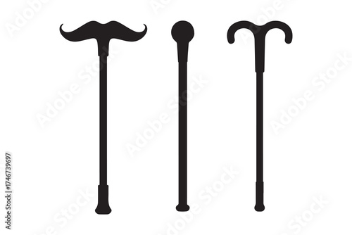 Walking wooden cane stick silhouette vector, walking stick icon