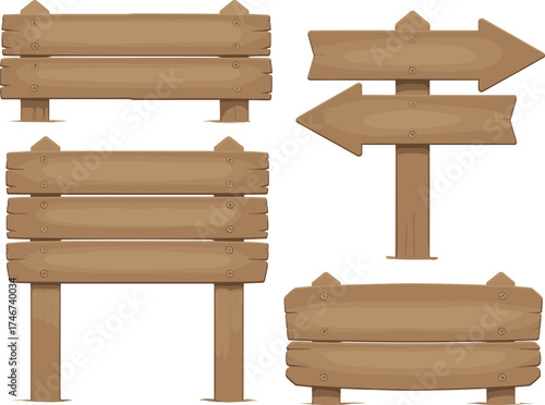 Set of wooden signboards with rustic texture, natural wood grain, blank boards on posts for outdoor, farm, or garden decoration