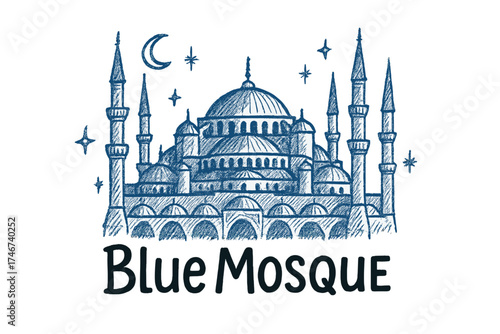 Blue Mosque Illustration. Hand-drawn blue mosque istanbul with moons, minarets, and sparkles, center word “BlueMosque” in black