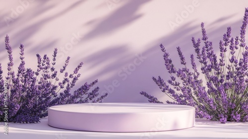 3D render two layer glossy lavender purple round podium on table counter leaf shadow on purple wall background for luxury beauty.