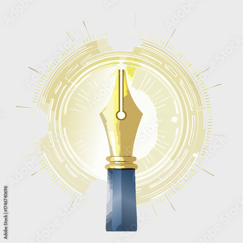 A golden fountain pen illustration against a glowing, circular, technological background.