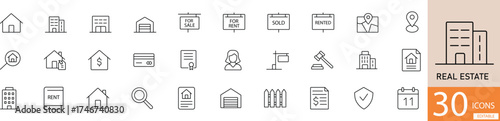 Flat line vector real estate icon set showing property, house, and building concepts in clean minimal style. Perfect for architecture, construction, and business design use