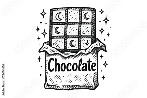 Chocolate Moon Delight. Hand-drawn chocolate bar with moons, sparkles, and wrappers, center word “Chocolate” in black and white
