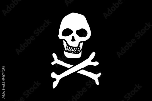 Pirate flag with skull and crossbones. Doodle style hand drawn flag.