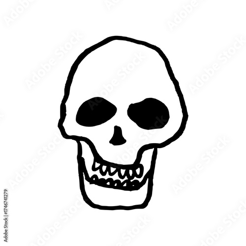 Spooky human skull. Doodle style hand drawn object. Simple isolated outline.