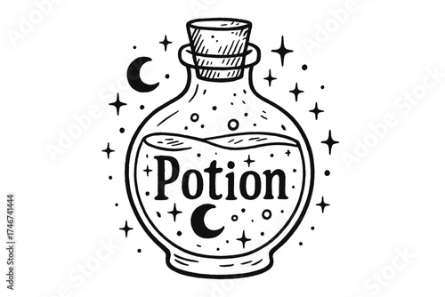 Potion Bottle Art. Hand-drawn potion bottle with moons, liquids, and sparkles, center word “Potion” in black and white isolated