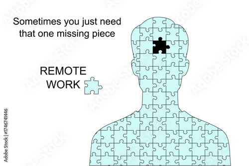 Meme about work life balance - remote work. Person with one missing piece. Humor for social media.