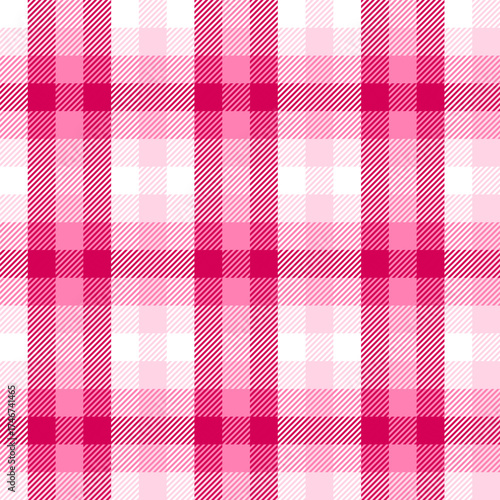 Red pink white check textile swatch texture. Vector illustration with seamless tartan plaid print. Retro style fashion background. Seamless check textile.