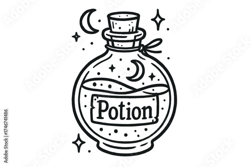 Potion Bottle Art. Hand-drawn potion bottle with moons, liquids, and sparkles, center word “Potion” in black and white isolated