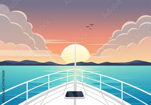 Breathtaking sunset voyage from the bow of a modern yacht across a vast, tranquil ocean, with distant mountains under a dramatic sky, symbolizing freedom and serene escape