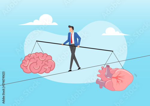 A businessman walks on a tightrope, using a long pole
