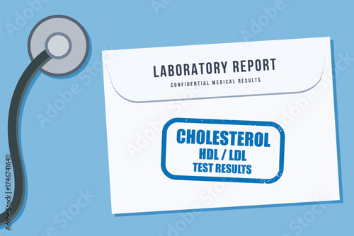 HDL and LDL cholesterol bloodwork laboratory test results. Health concept. Medical laboratory report envelope. Vector illustration.