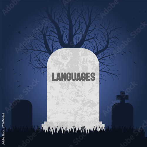 Languages are dying. Grave concept symbolizing decline in number of languages in the world, minority languages disappearing slowly.