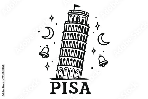 Pisa Tower Art. Hand-drawn leaning tower of pisa with moons, bells, and sparkles, center word “Pisa” in black and white isolated