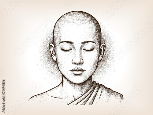 Engraving Style Meditation Portrait, Calm Woman with Closed Eyes, Vintage Line Art Illustration