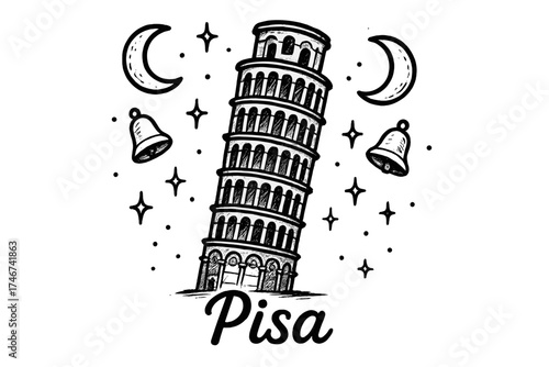 Pisa Tower Art. Hand-drawn leaning tower of pisa with moons, bells, and sparkles, center word “Pisa” in black and white isolated