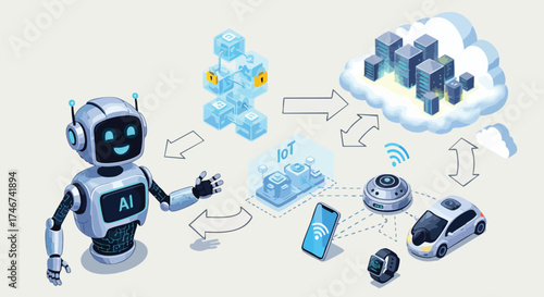 An illustrative depiction of artificial intelligence and the Internet of Things, showcasing interconnected devices and data flow within a futuristic, digital ecosystem on a light background.