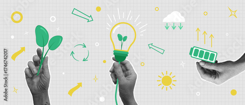 Set of eco zero waste, Halftone appliques hands hold energy carrier battery, lamp and save nature. Concept of ecological use of energy resources, Vector illustration.