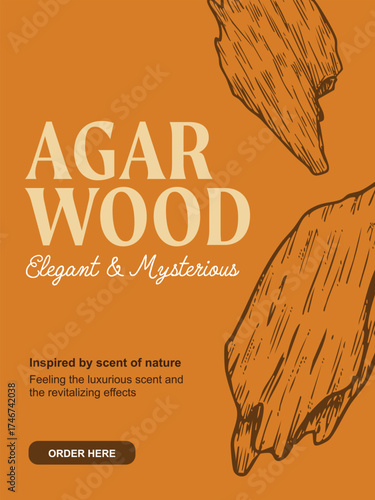 Hand drawn style Agarwood perfume scent commercial advertisement poster design 