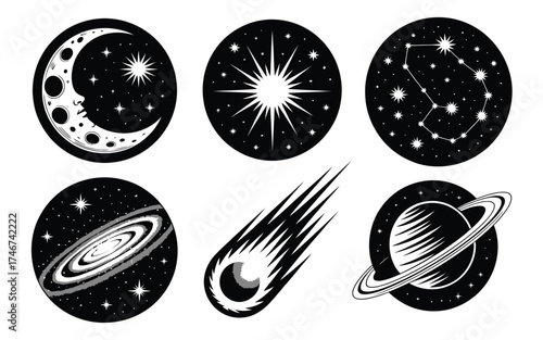 Striking set of six black silhouette cosmic celestial icons vector scalable eps illustration silhouette vector illustration white background