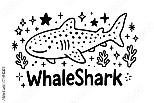Whale Shark Doodle. Doodle whale shark with stars, corals, and sparkles, center word “WhaleShark” in black and white isolated