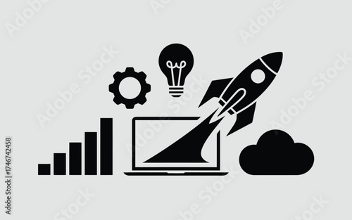Sleek vector illustration set launching rocket idea cloud laptop graph gears scalable eps icon silhouette vector illustration white background