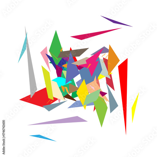 Abstract background illustration of scattered colorful scraps of paper.