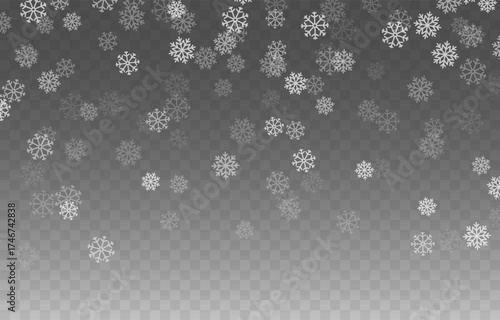Snowfall PNG. Heavy snowfall or snowstorm with snowflakes of various shapes. Winter snowy background.