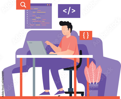 colorful illustration of a programmer working on laptop