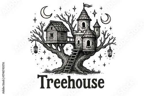 Treehouse Fortress Illustration. Hand-drawn treehouse fortress with moons, lanterns, and sparkles, center word “Treehouse” in