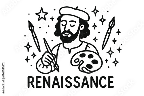 Renaissance Art Doodle. Doodle renaissance artist with stars, brushes, and sparkles, center word “Renaissance” in black and white
