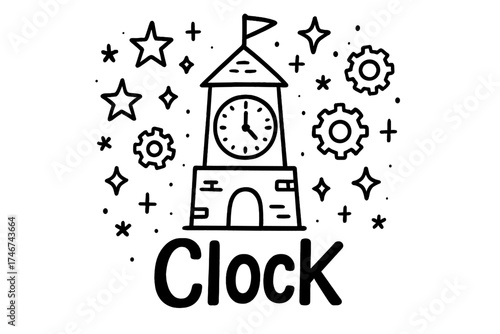 Whimsical Clock Tower. Doodle clock tower with stars, gears, and sparkles, center word “Clock” in black and white isolated