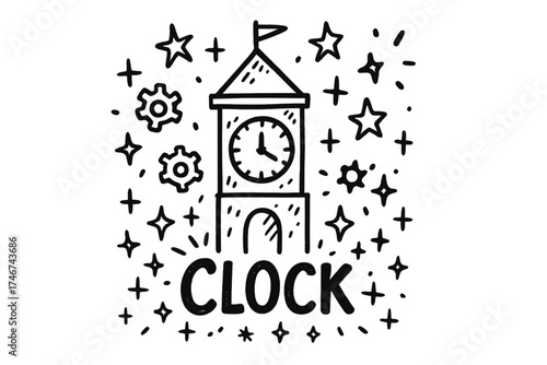 Whimsical Clock Tower. Doodle clock tower with stars, gears, and sparkles, center word “Clock” in black and white isolated
