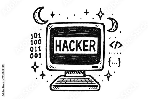 Hacker Terminal Art. Hand-drawn hacker terminal with moons, codes, and sparkles, center word “Hacker” in black and white isolated
