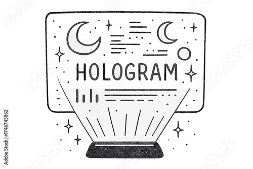 Hologram Screen Design. Hand-drawn hologram screen with moons, data, and sparkles, center word “Hologram” in black and white