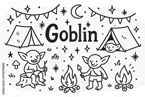 Goblin Camp Doodle. Doodle goblin camp with stars, tents, and sparkles, center word “Goblin” in black and white isolated