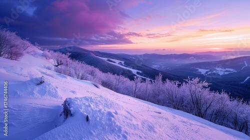 Majestic winter landscape at sunset revealing snow-covered hills and frosty trees in a serene mountain valley