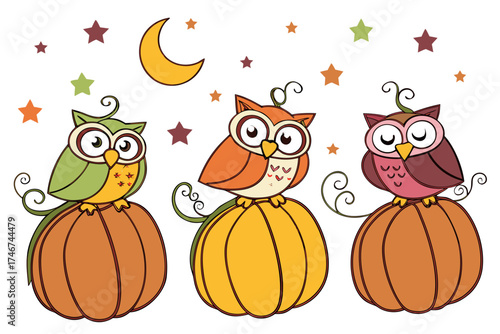 Owl sitting on pumpkin, night Thanksgiving scene  silhouette vector illustration